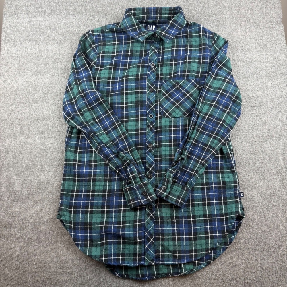 Gap Flannel‎ Shirt Mens XS Green Blue Plaid Long Sleeve Button Front Cotton